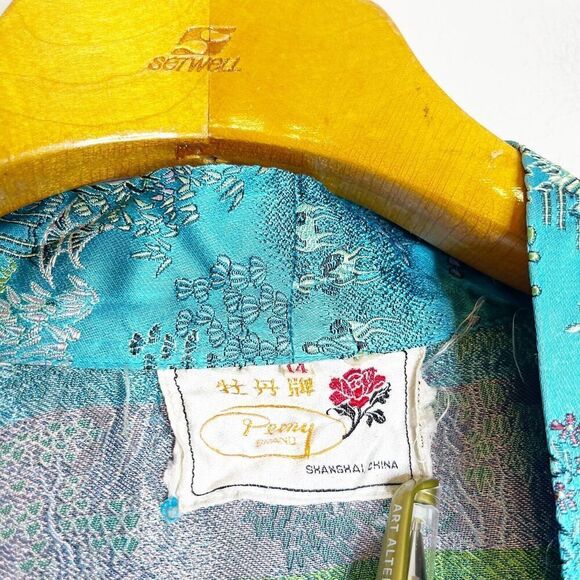 Peony Brand Girls Kimono Size 14 Turquoise Blue Asian Brocade Robe Embroidered - Picture 4 of 6